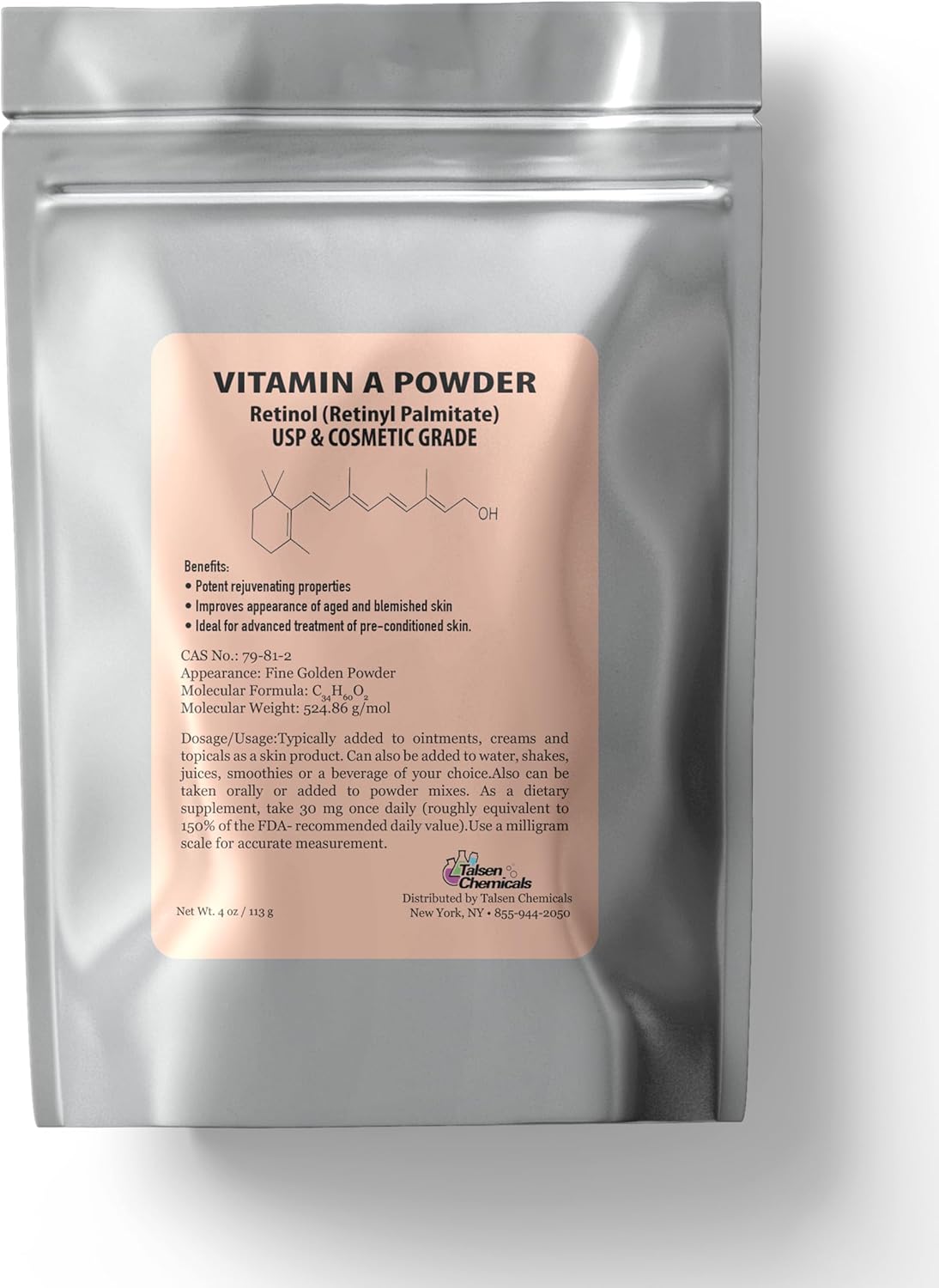 Water-Soluble Vitamin A Powder - Retinol Palmitate USP & Cosmetic Grade (4 oz / 113g) by Talsen Chemicals