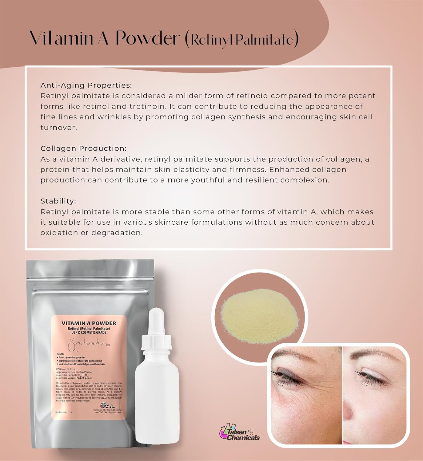 Water-Soluble Vitamin A Powder - Retinol Palmitate USP & Cosmetic Grade (4 oz / 113g) by Talsen Chemicals
