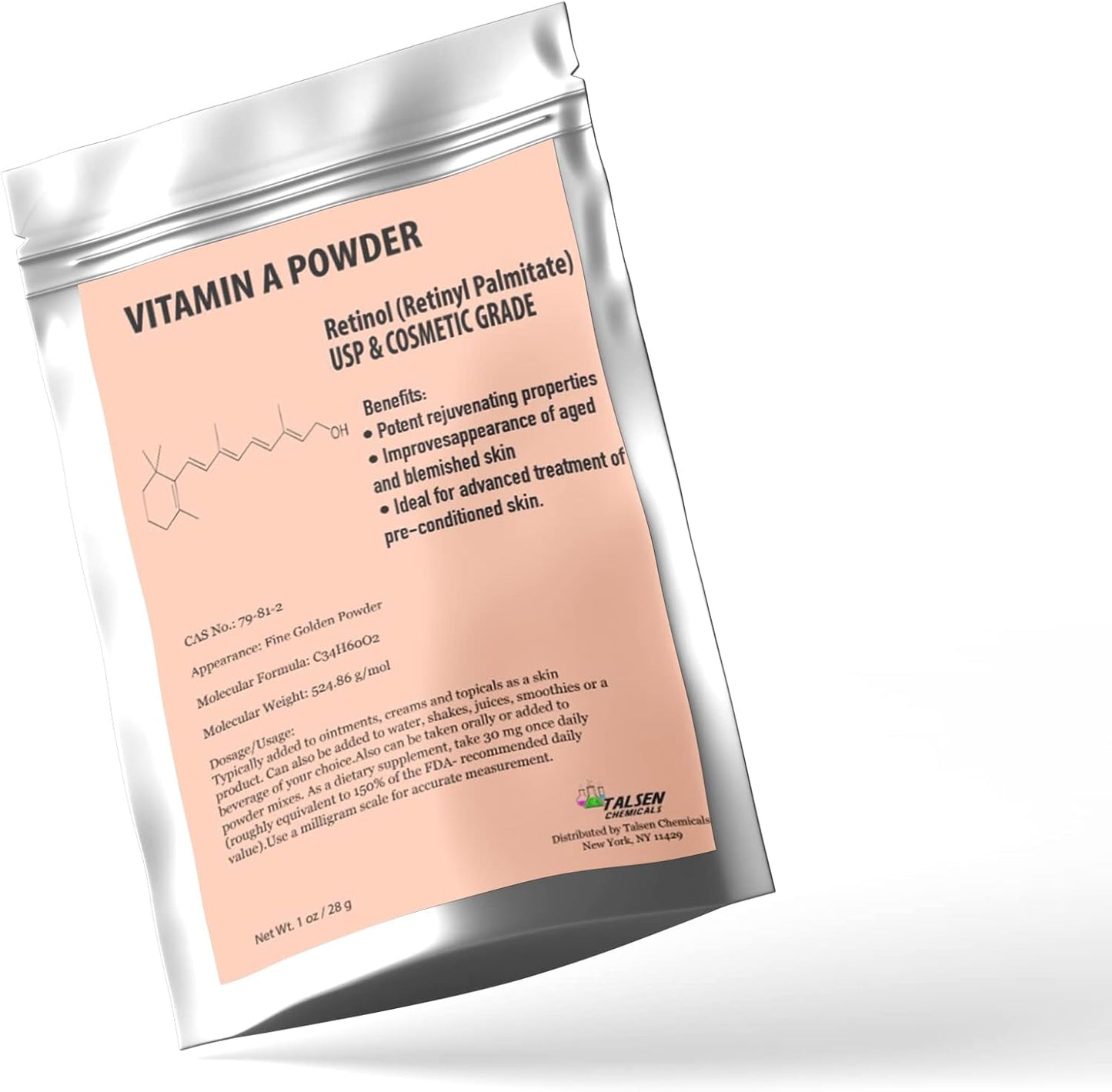 Water-Soluble Vitamin A Powder - Retinol Palmitate USP & Cosmetic Grade (4 oz / 113g) by Talsen Chemicals