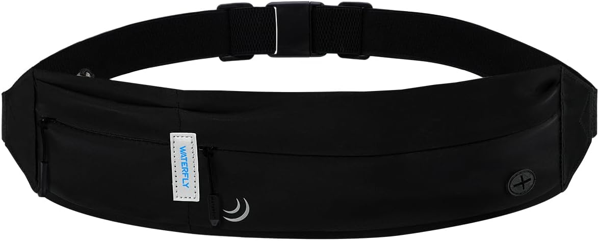Waterfly Running Belt Fanny Pack - Slim Marathon Jogging Waist Pack for Men and Women - Sport Workout Exercise Fitness Phone Holder - Black Slim Waistband