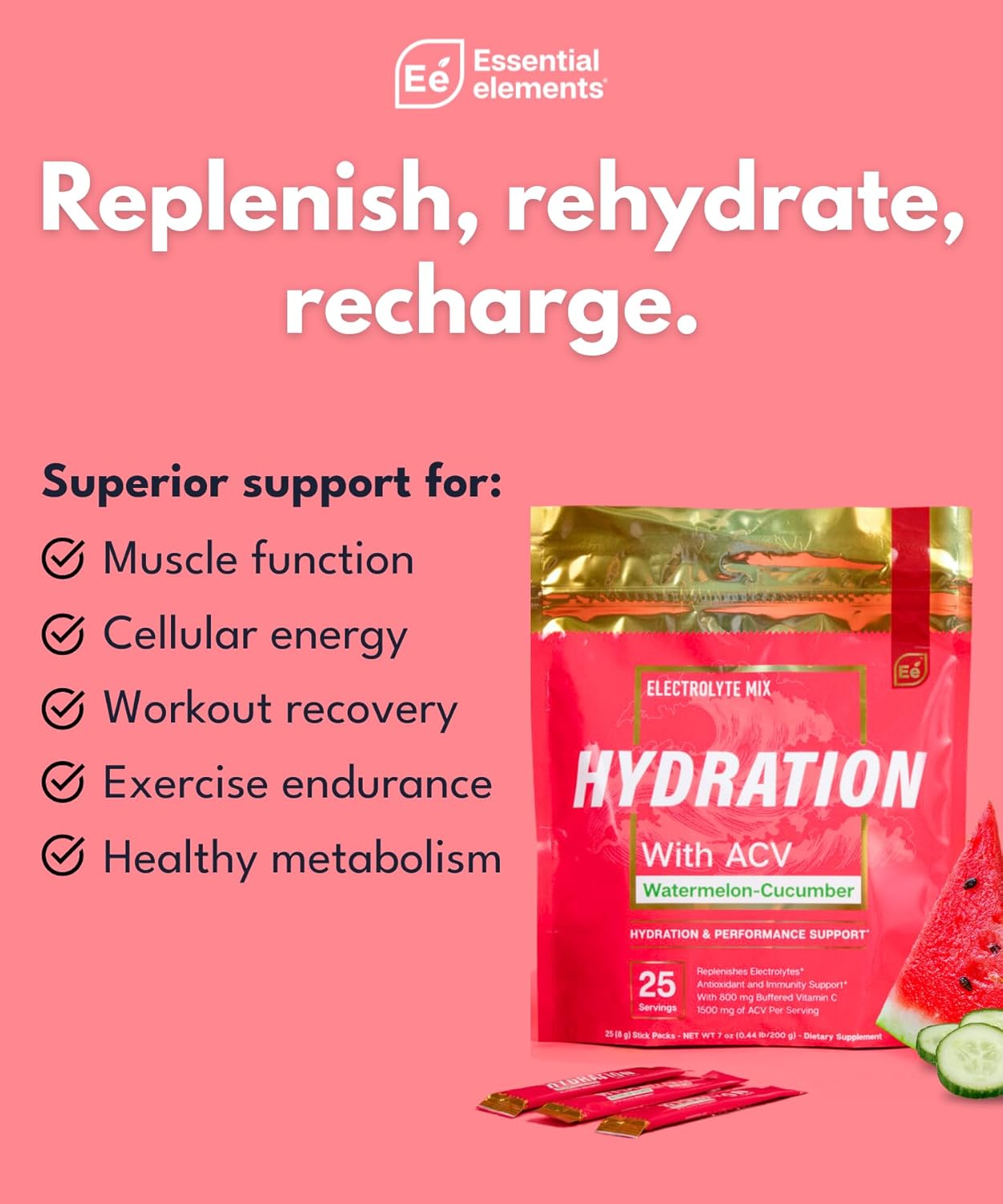 Watermelon Cucumber Electrolytes Powder Packets - 75 Stick Packs with ACV & Vitamin C - Sugar Free Hydration Drink - BoostGo Australia