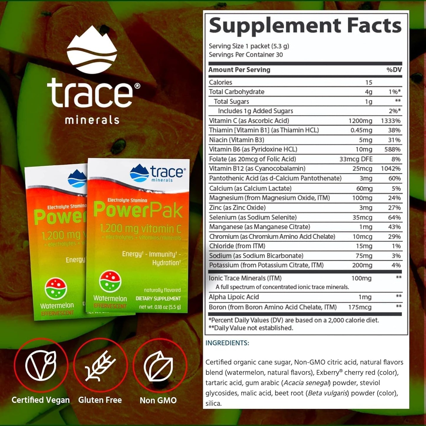 Watermelon Electrolyte Powder Packets with Trace Minerals, Vitamin C, Zinc, and Magnesium - Immunity, Hydration, and Energy Boost - 30 Packets