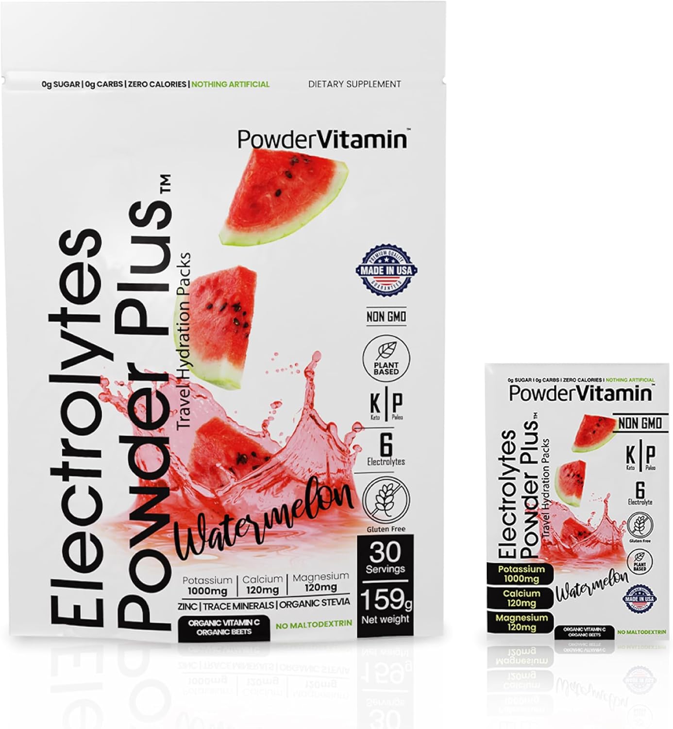 Watermelon Flavored Electrolyte Powder with Vitamins, Keto-Friendly, Sugar-Free, Non-GMO, Zero Calories - 30 Packets