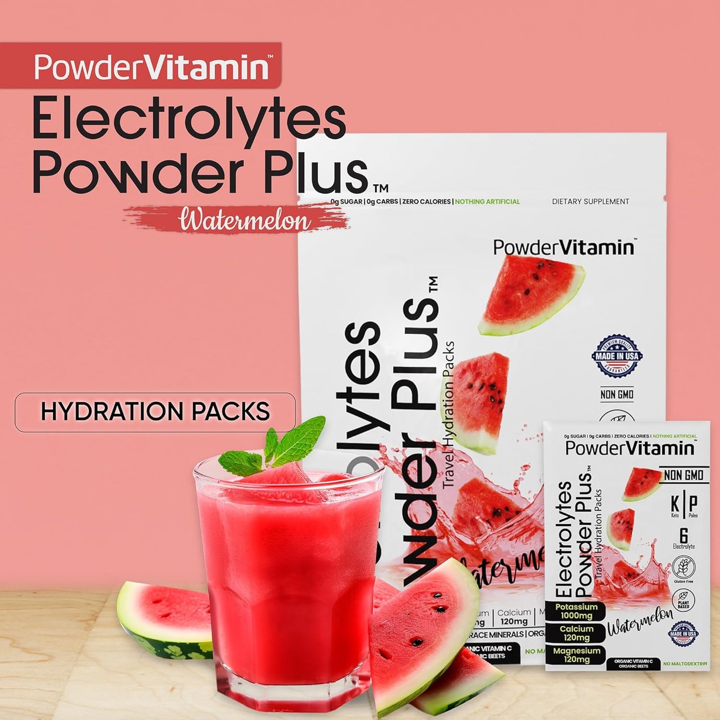 Watermelon Flavored Electrolyte Powder with Vitamins, Keto-Friendly, Sugar-Free, Non-GMO, Zero Calories - 30 Packets