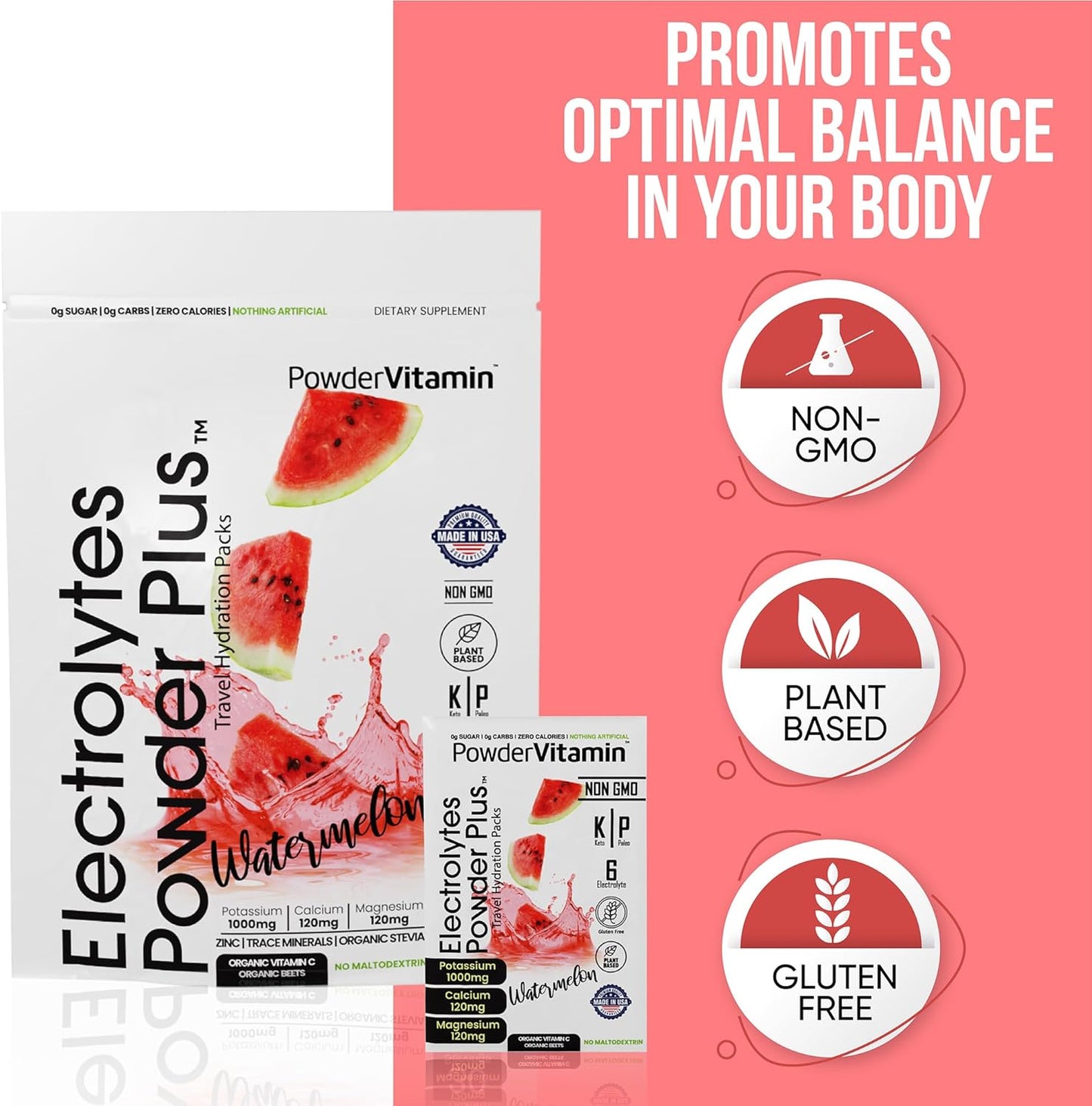 Watermelon Flavored Electrolyte Powder with Vitamins, Keto-Friendly, Sugar-Free, Non-GMO, Zero Calories - 30 Packets