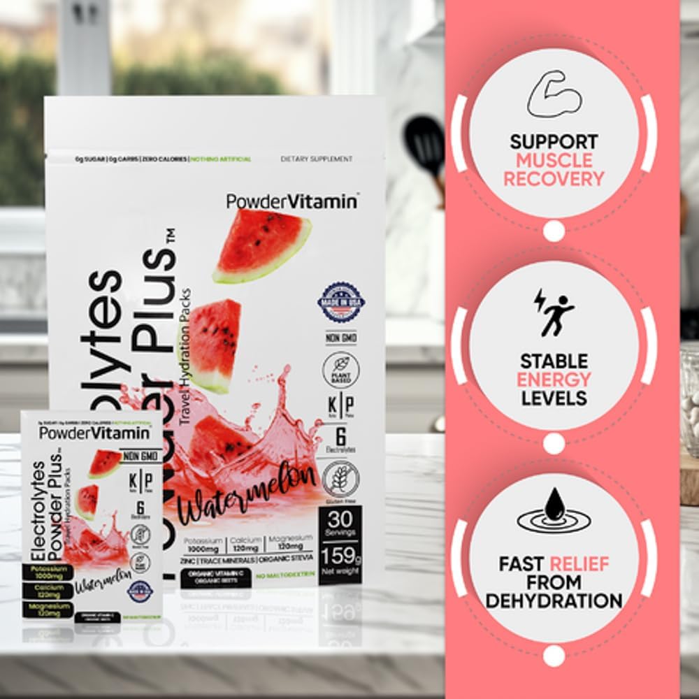 Watermelon Flavored Electrolyte Powder with Vitamins, Keto-Friendly, Sugar-Free, Non-GMO, Zero Calories - 30 Packets