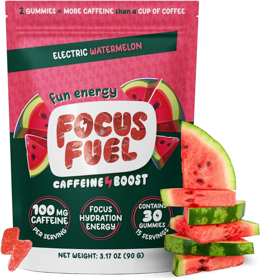Watermelon FocusFuel Energy + Focus Gummy: 100mg Caffeine, B12, Magnesium, Electrolytes, All-Natural, On-The-Go Energy, No Jitters or Crash - 30 Chews - BoostGo Australia