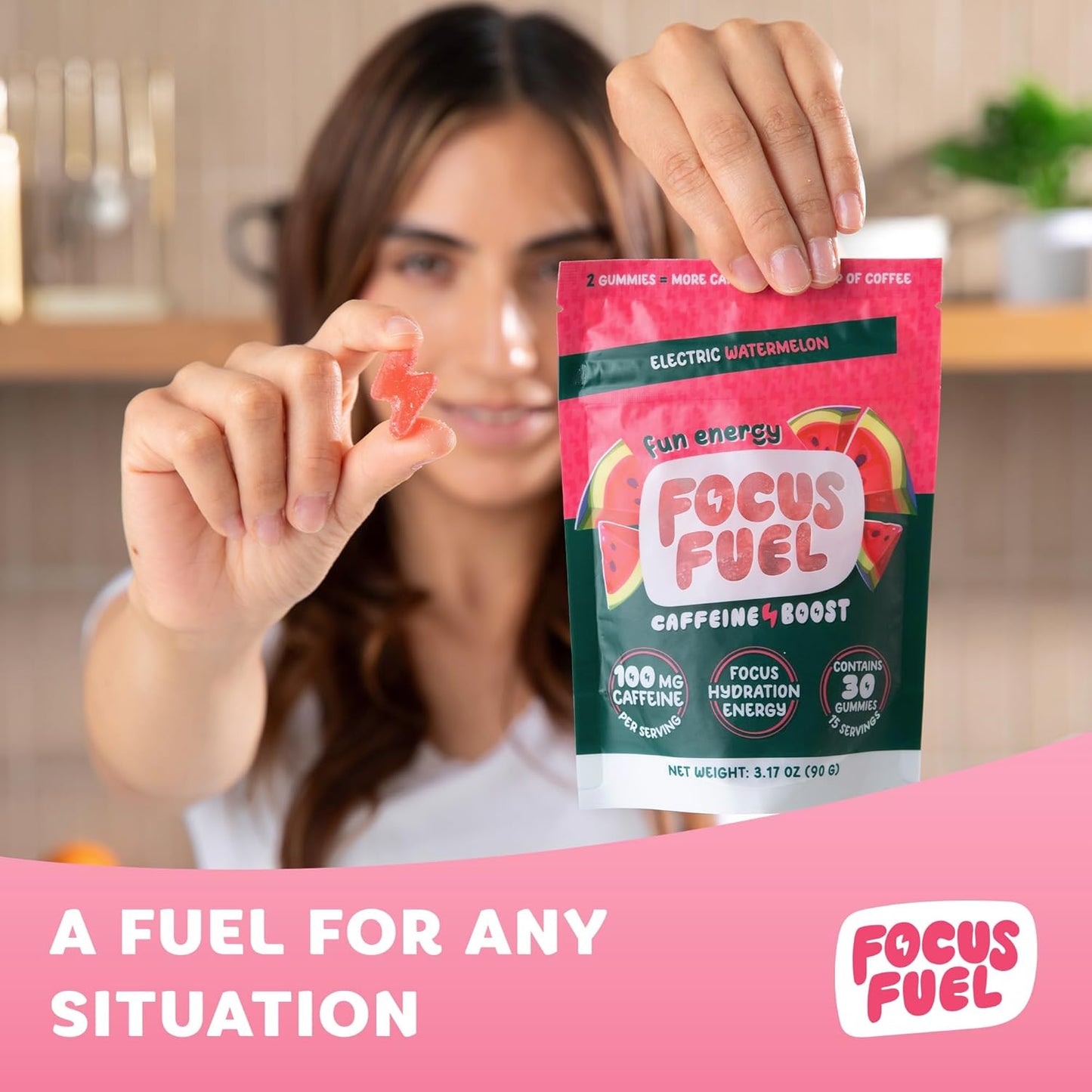 Watermelon FocusFuel Energy + Focus Gummy: 100mg Caffeine, B12, Magnesium, Electrolytes, All-Natural, On-The-Go Energy, No Jitters or Crash - 30 Chews - BoostGo Australia