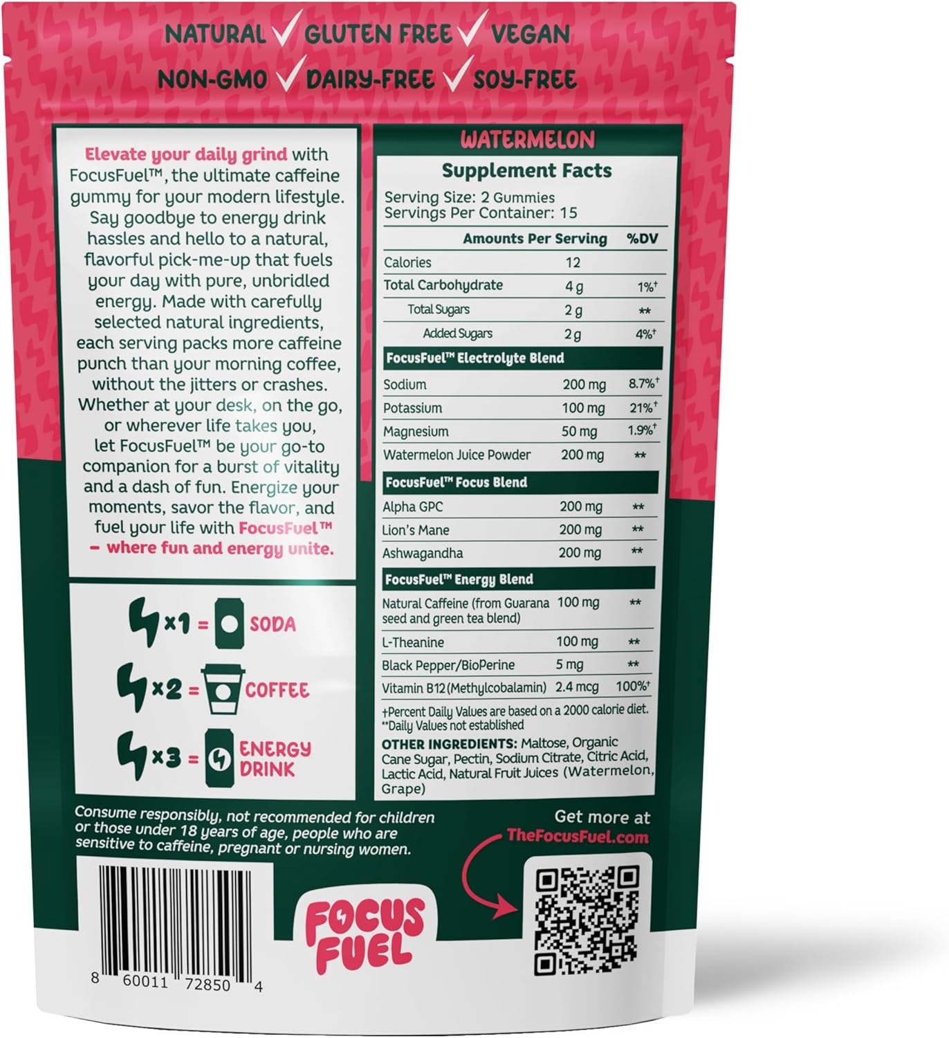 Watermelon FocusFuel Energy + Focus Gummy: 100mg Caffeine, B12, Magnesium, Electrolytes, All-Natural, On-The-Go Energy, No Jitters or Crash - 30 Chews - BoostGo Australia