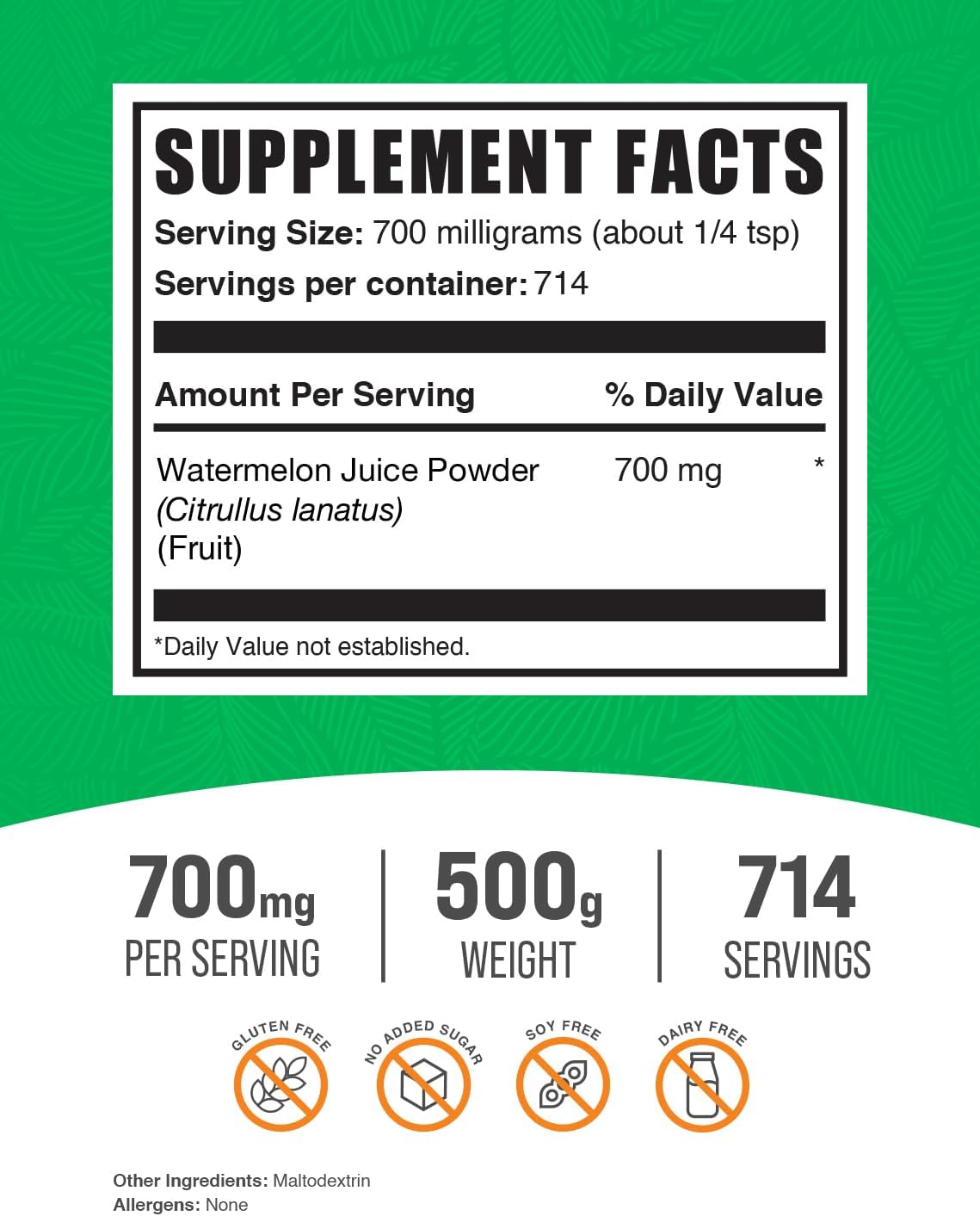 Watermelon Fruit Powder - Hydration Supplement, 700mg per Serving - 500g (1.1lbs) Pack of 1