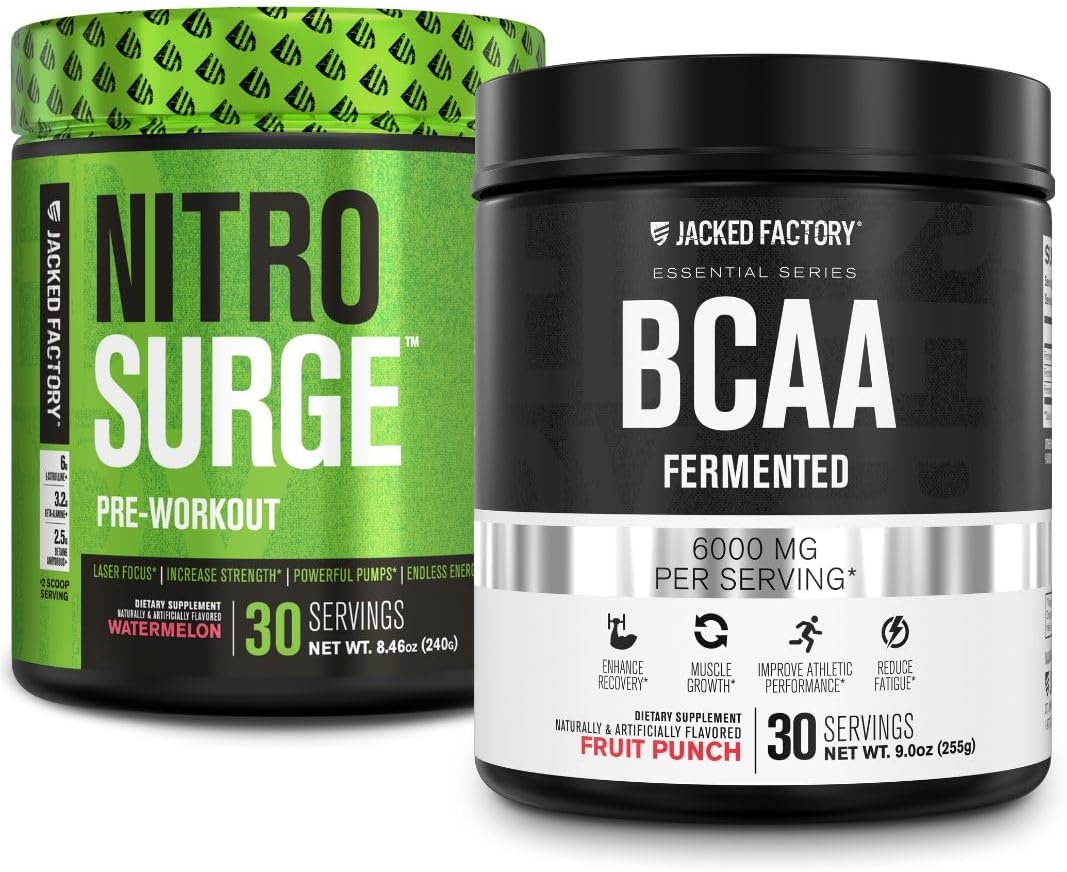 Watermelon Nitrosurge Pre-Workout & Fruit Punch BCAA Combo for Muscle Building and Recovery by Jacked Factory