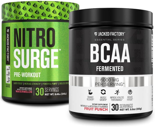 Watermelon Nitrosurge Pre-Workout & Fruit Punch BCAA Combo for Muscle Building and Recovery by Jacked Factory
