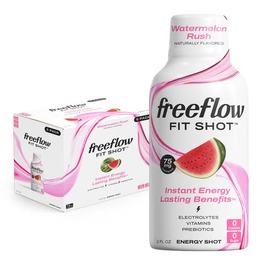 Watermelon Rush Freeflow Fit Energy Shots - Natural Caffeine Boost with L-theanine, Ginseng, Vitamins, Prebiotics, Electrolytes (6 Count, 2oz) - BoostGo Australia