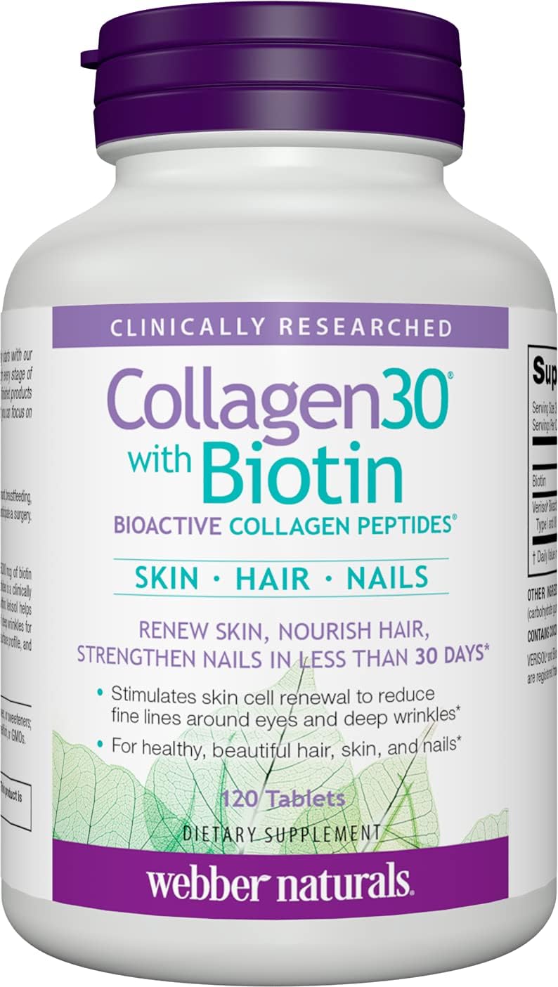 Webber Naturals Collagen30 with Biotin: 2,500mg Bioactive Collagen Peptides + 5,000mcg Biotin, 120 Tablets - Skin, Hair, Nails Support