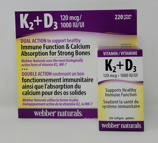 Webber Naturals K2 + D3 120 mcg/1000 IU Softgels for Healthy Immune Support - 220 Count