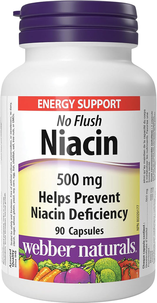 Webber Naturals No Flush Niacin Vitamin B3 Capsules, 500mg - 90 Count Bottle