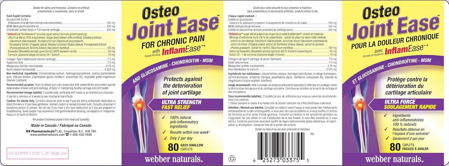 Webber Naturals Osteo Joint Ease™ with InflamEase™, Glucosamine Chondroitin MSM Caplets, 80 Easy-Swallow Tablets
