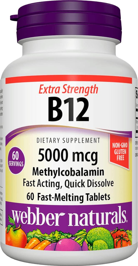 Webber Naturals Vitamin B12 5000 mcg Fast-Melting Tablets for Energy & Metabolism, 60 ct Vegan Gluten-Free