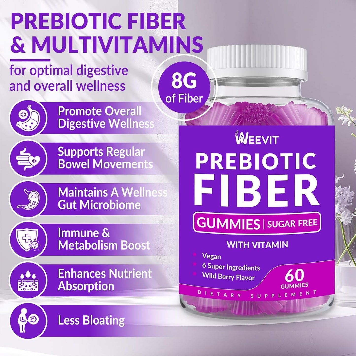 WEEVIT Sugar Free Fiber Gummies with Prebiotic Digestive Blend - 8g Fiber Supplement for Metabolism & Gut Health