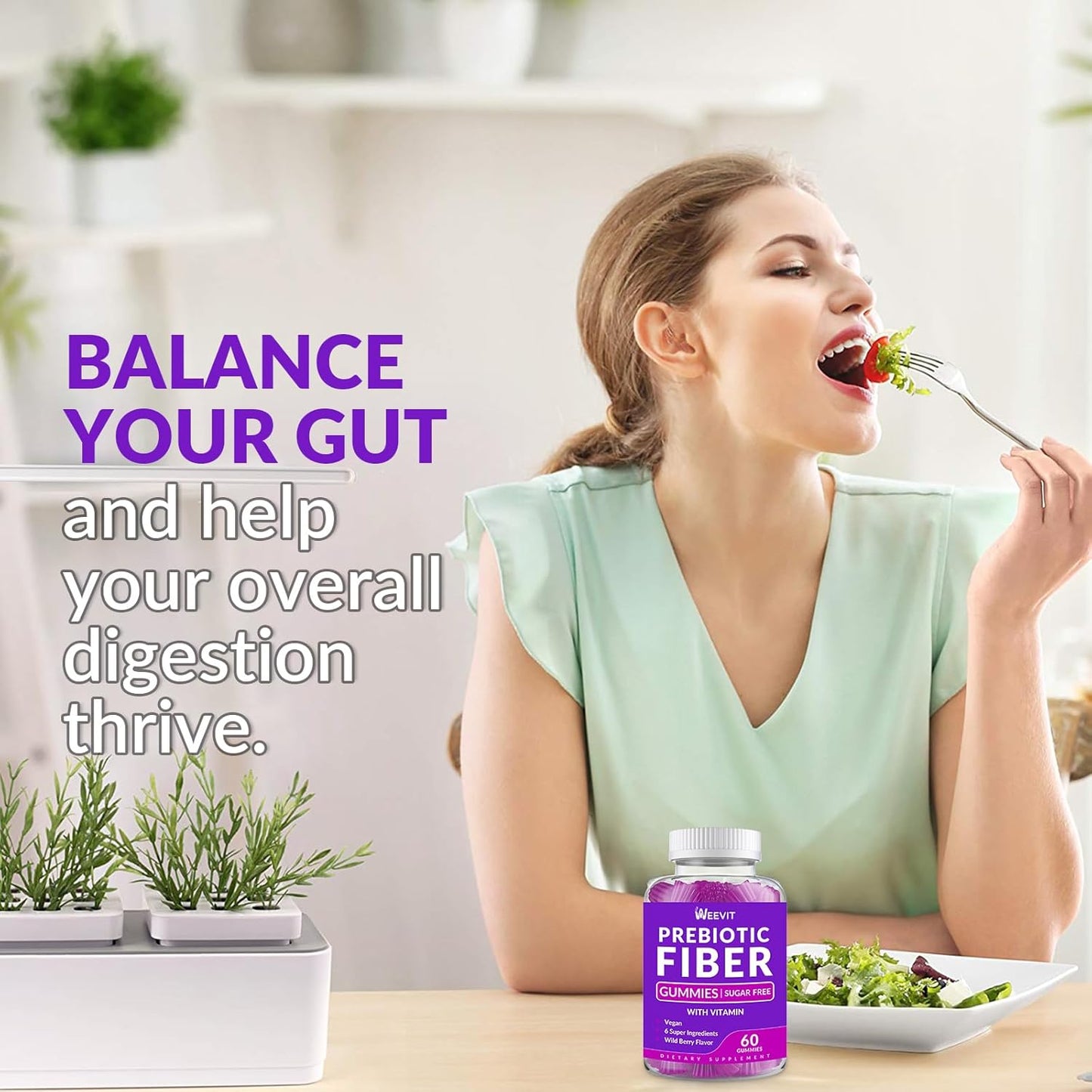 WEEVIT Sugar Free Fiber Gummies with Prebiotic Digestive Blend - 8g Fiber Supplement for Metabolism & Gut Health