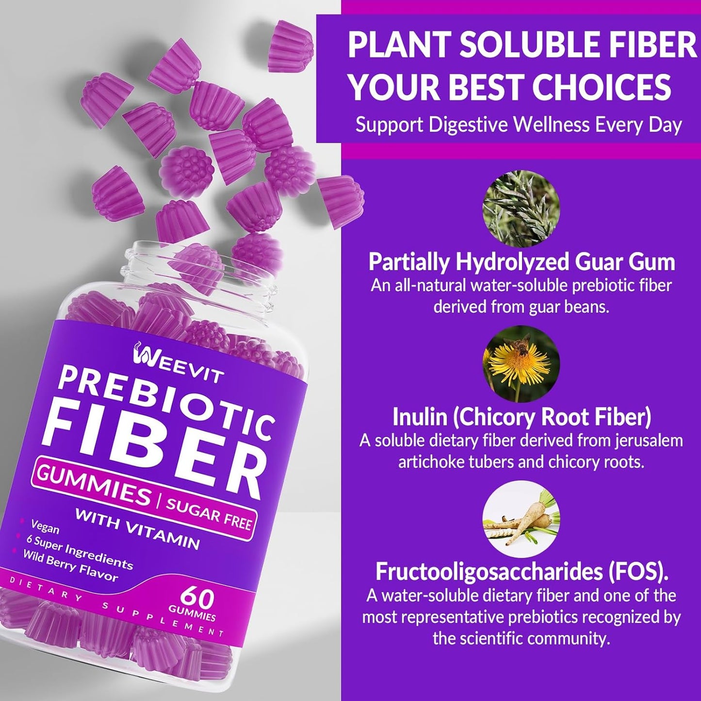 WEEVIT Sugar Free Fiber Gummies with Prebiotic Digestive Blend - 8g Fiber Supplement for Metabolism & Gut Health