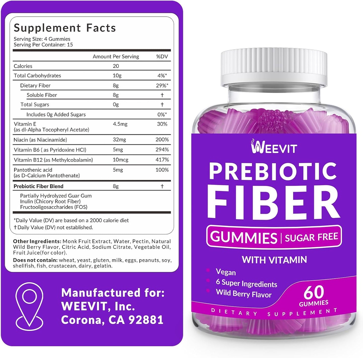 WEEVIT Sugar Free Fiber Gummies with Prebiotic Digestive Blend - 8g Fiber Supplement for Metabolism & Gut Health