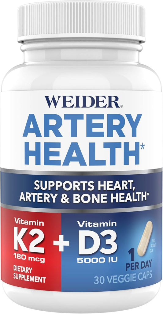 Weider Artery Health Supplement with Vitamin K2 & D3 - 30 Veggie Capsules for Heart, Immune, and Bone Support