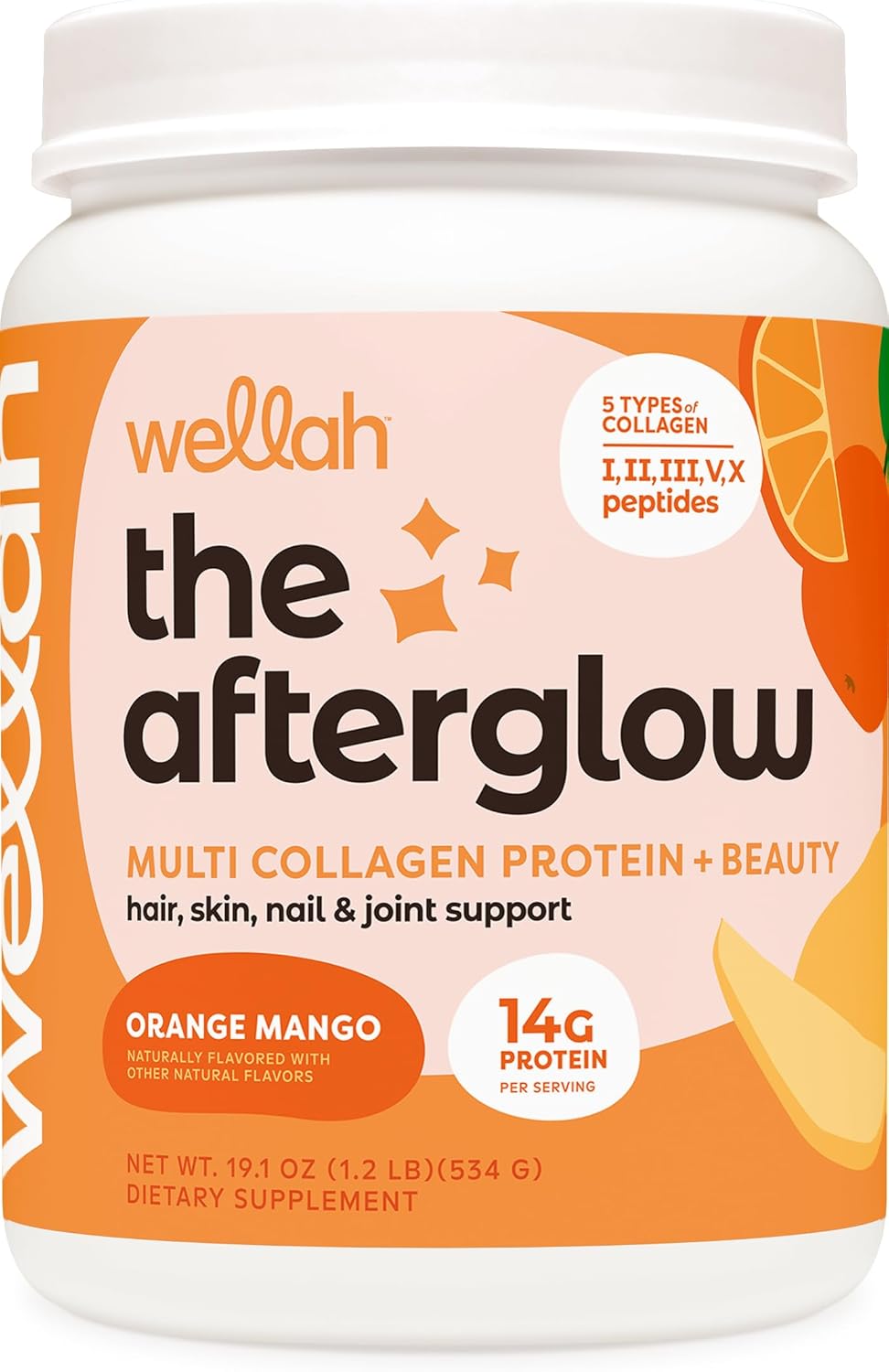 Wellah Afterglow Multi Collagen Protein + Beauty Supplement (30 Servings, Orange Mango) - Supports Hair, Skin, Nails, Joints - Non-GMO, Gluten Free