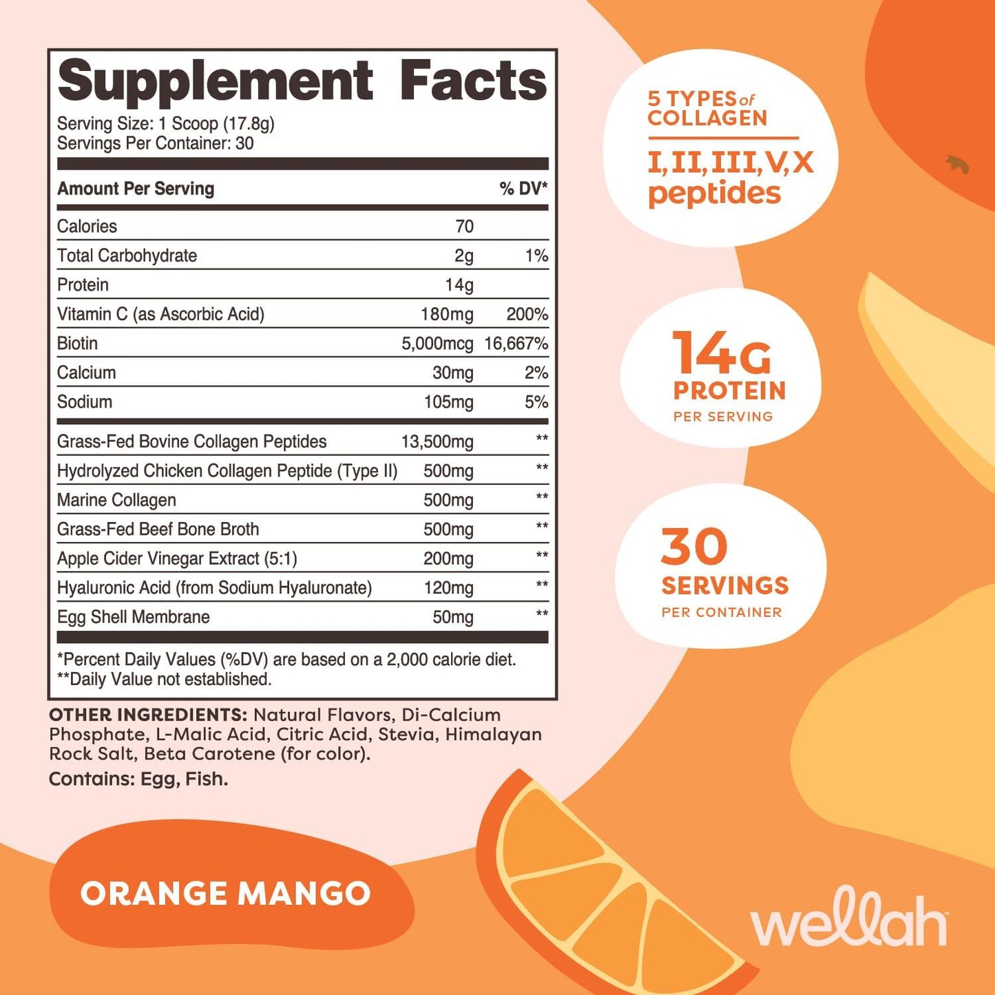 Wellah Afterglow Multi Collagen Protein + Beauty Supplement (30 Servings, Orange Mango) - Supports Hair, Skin, Nails, Joints - Non-GMO, Gluten Free