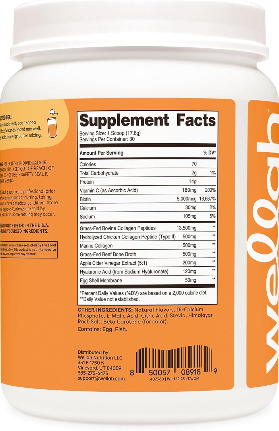 Wellah Afterglow Multi Collagen Protein + Beauty Supplement (30 Servings, Orange Mango) - Supports Hair, Skin, Nails, Joints - Non-GMO, Gluten Free