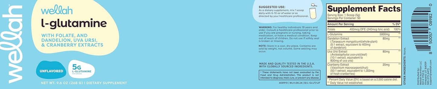 Wellah L-Glutamine Powder: Unflavored, 5g per Serving, Sweetened with Stevia - 50 Servings