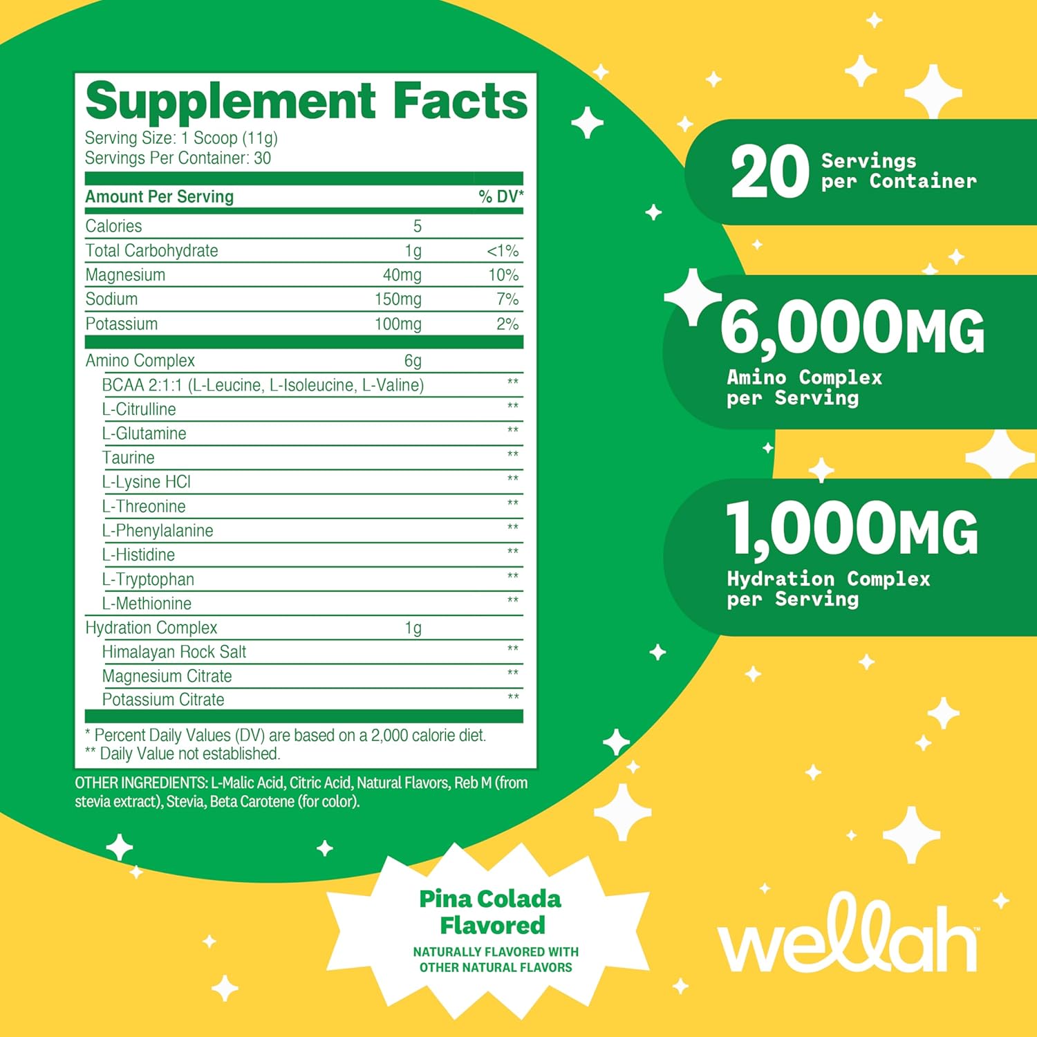 Wellah Pina Colada BCAA Powder for Muscle Recovery and Hydration - 30 Servings