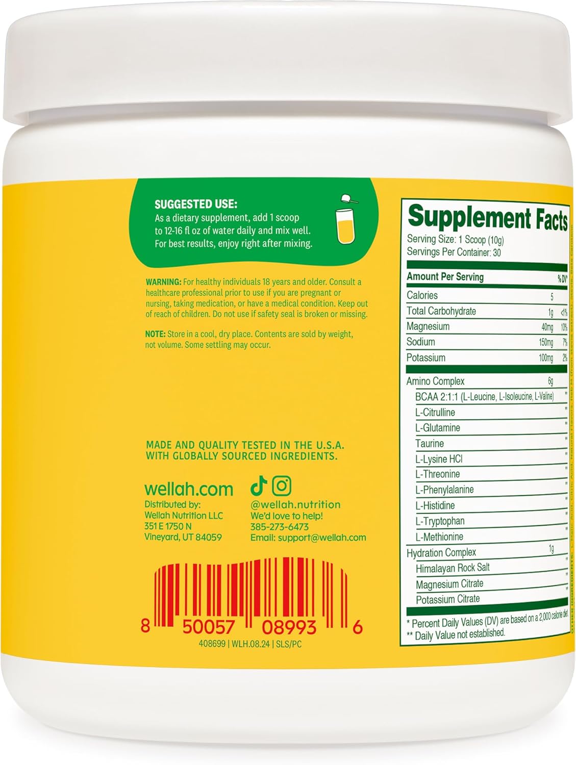 Wellah Pina Colada BCAA Powder for Muscle Recovery and Hydration - 30 Servings