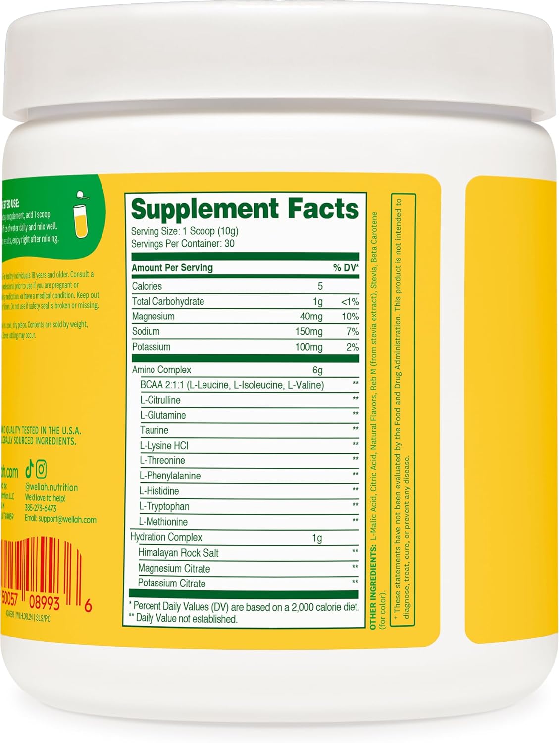 Wellah Pina Colada BCAA Powder for Muscle Recovery and Hydration - 30 Servings