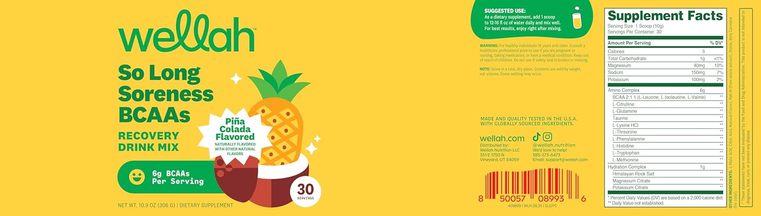 Wellah Pina Colada BCAA Powder for Muscle Recovery and Hydration - 30 Servings