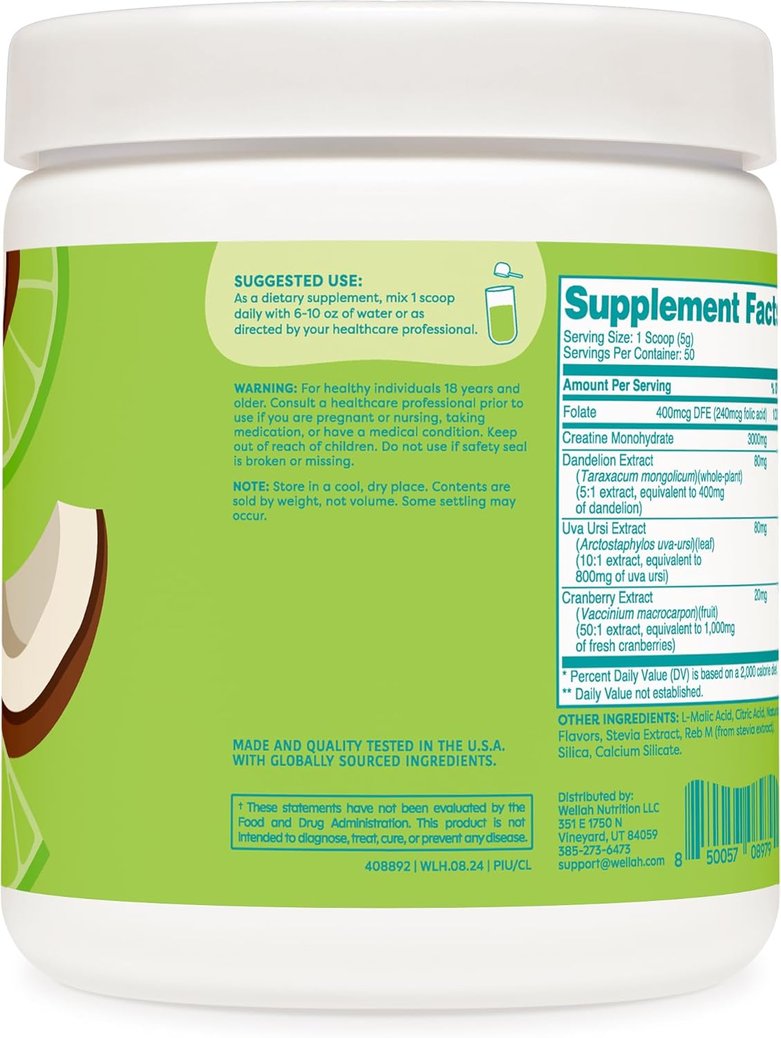 Wellah Pump-It-Up Creatine: Coconut Lime Flavor, 50 Servings, with Dandelion, Uva Ursi, & Cranberry Extract