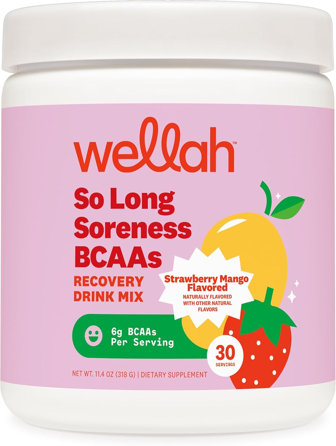 Wellah Strawberry Mango BCAA Powder with Hydration Complex - 30 Servings for Soreness Relief