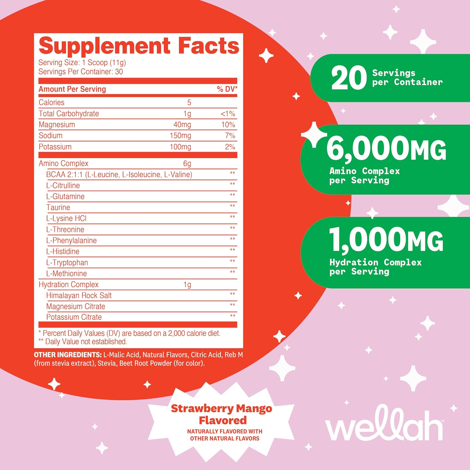 Wellah Strawberry Mango BCAA Powder with Hydration Complex - 30 Servings for Soreness Relief