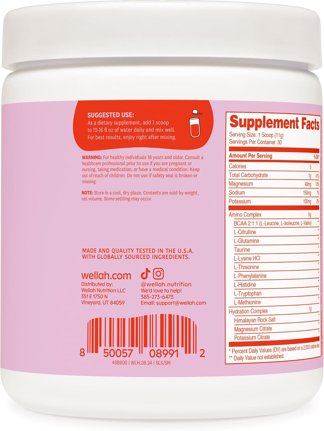 Wellah Strawberry Mango BCAA Powder with Hydration Complex - 30 Servings for Soreness Relief