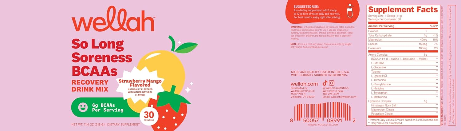 Wellah Strawberry Mango BCAA Powder with Hydration Complex - 30 Servings for Soreness Relief