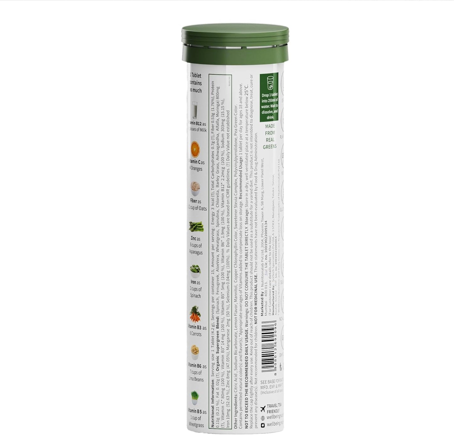 WELLBEING NUTRITION Daily Greens Tablets - Natural Lemon Lime Flavour - 63g - 15 Count