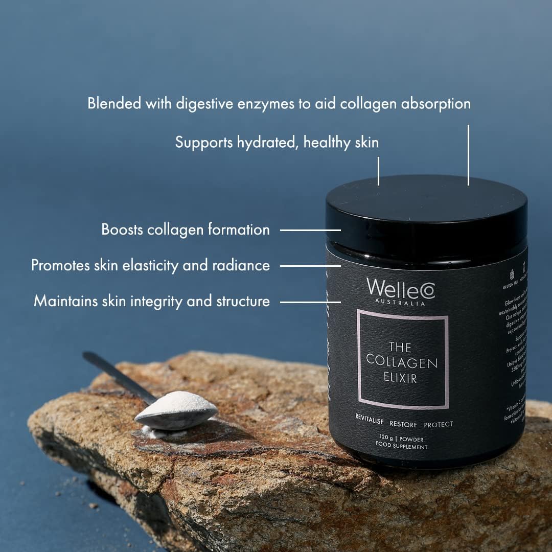 WelleCo Collagen Elixir Powder with Marine Peptides, Vitamin C, Hyaluronic Acid, Enzymes, Silica - Skin, Hair, Nails - Gluten Free - 4.23 oz