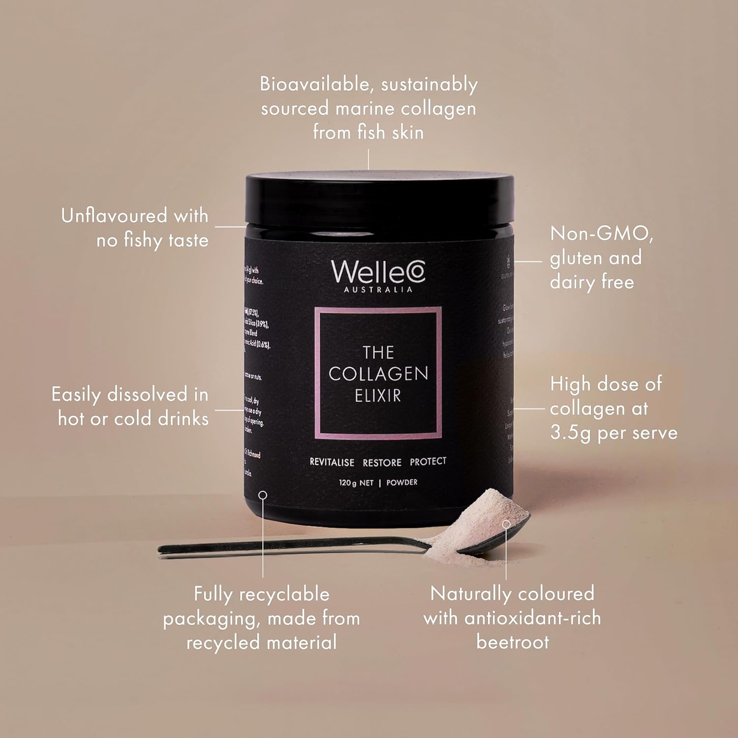 WelleCo Collagen Elixir Powder with Marine Peptides, Vitamin C, Hyaluronic Acid, Enzymes, Silica - Skin, Hair, Nails - Gluten Free - 4.23 oz