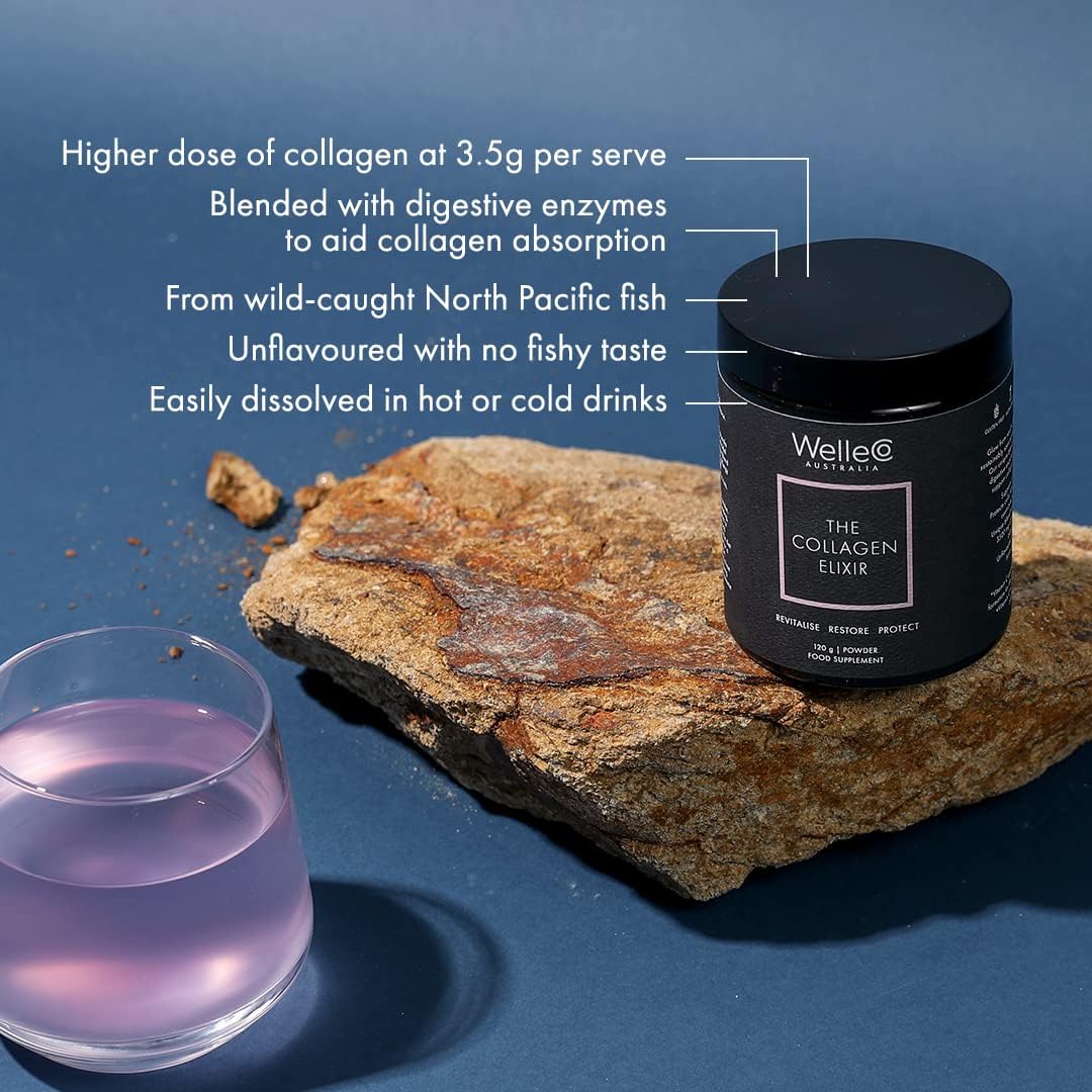 WelleCo Collagen Elixir Powder with Marine Peptides, Vitamin C, Hyaluronic Acid, Enzymes, Silica - Skin, Hair, Nails - Gluten Free - 4.23 oz