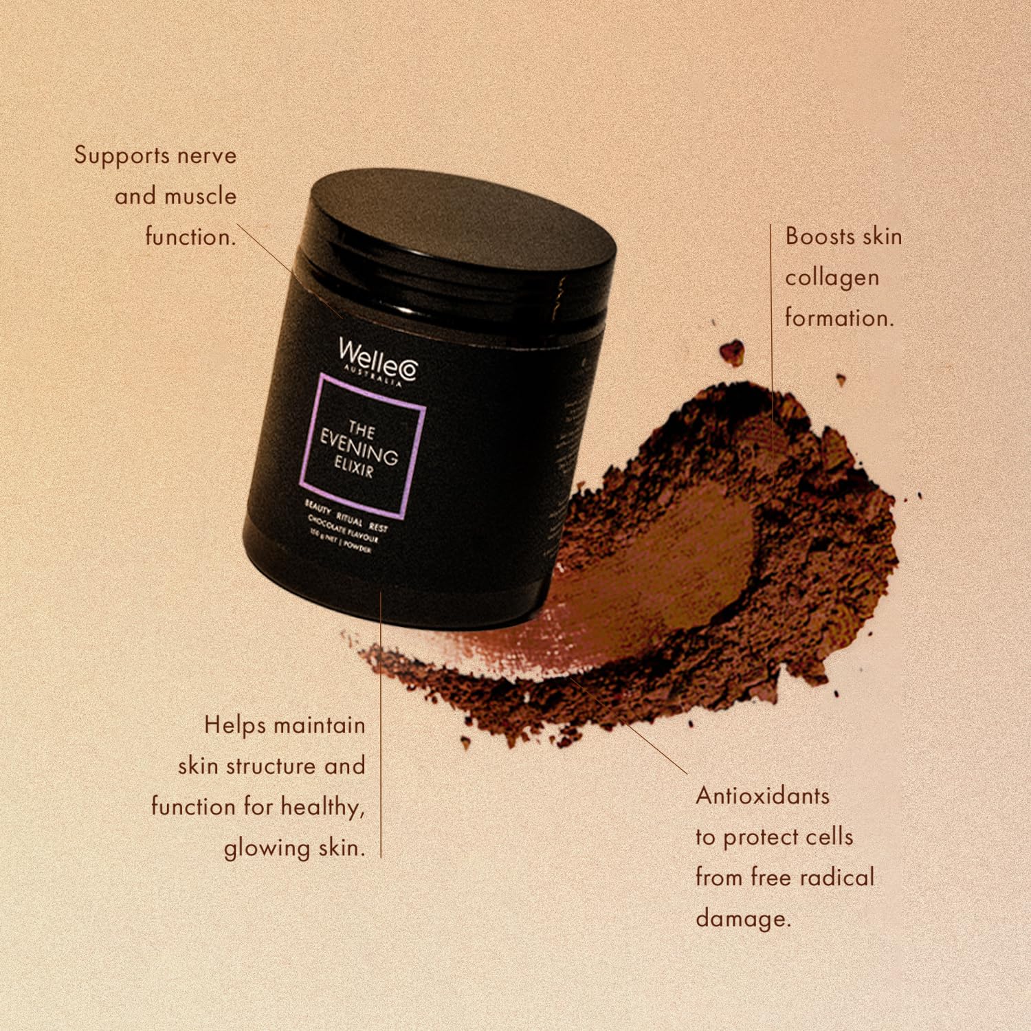 WelleCo Evening Elixir Skin Care Hot Chocolate Beauty Drink Mix with Vitamin C for Sleep, Collagen, Gluten-Free & Vegan - 150g Jar