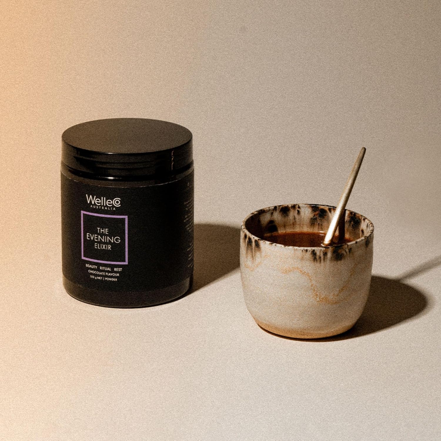 WelleCo Evening Elixir Skin Care Hot Chocolate Beauty Drink Mix with Vitamin C for Sleep, Collagen, Gluten-Free & Vegan - 150g Jar