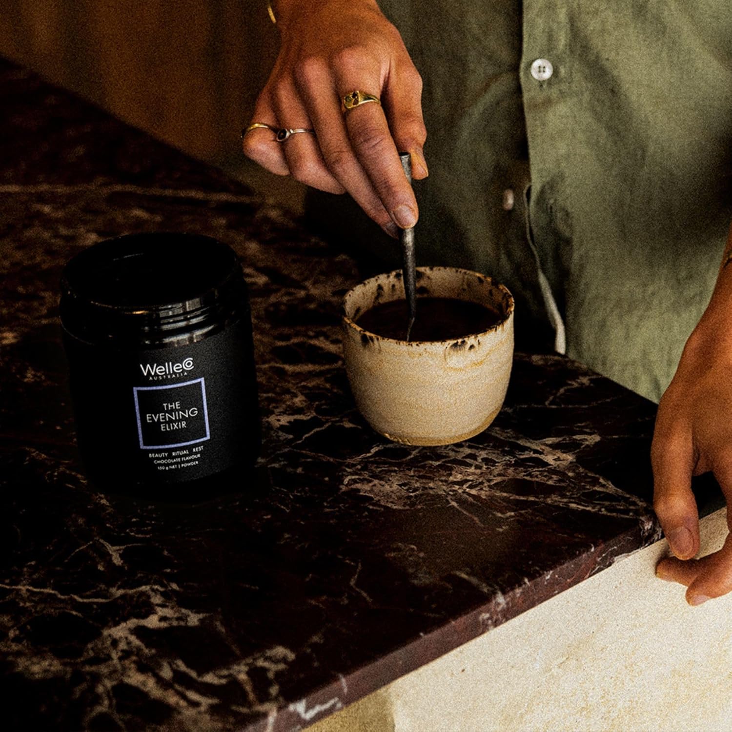 WelleCo Evening Elixir Skin Care Hot Chocolate Beauty Drink Mix with Vitamin C for Sleep, Collagen, Gluten-Free & Vegan - 150g Jar