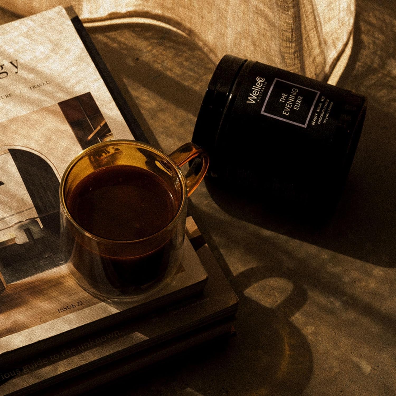 WelleCo Evening Elixir Skin Care Hot Chocolate Beauty Drink Mix with Vitamin C for Sleep, Collagen, Gluten-Free & Vegan - 150g Jar