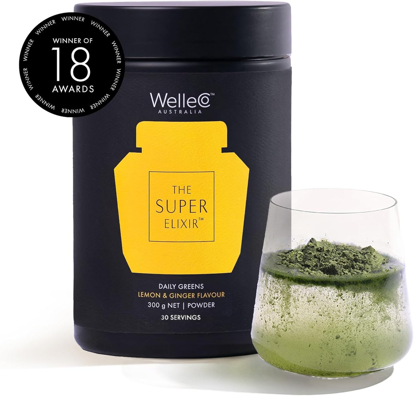 WelleCo Super Elixir Daily Greens Powder: Probiotic Drink Mix for Gut Health, Energy & Immunity - Gluten Free, Vegan (300g, Lemon Ginger)