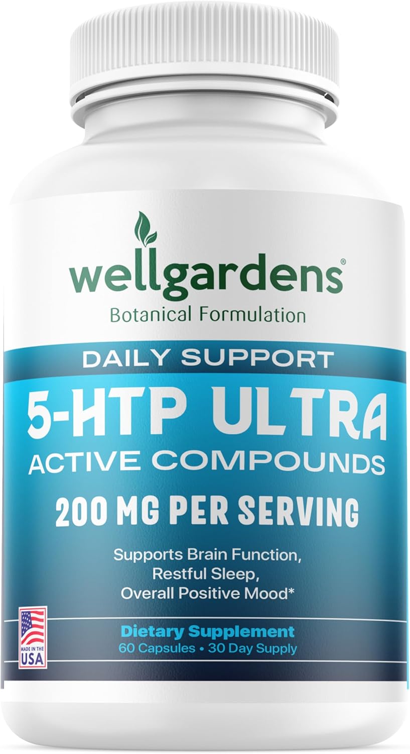 Wellgardens 5-HTP Ultra Supplement for Mood, Sleep, and Stress Support - 100% Pure 200mg Capsules with Calcium - 60 Count, 30 Servings
